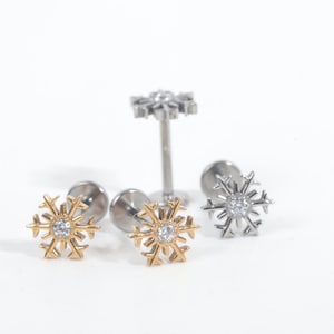 Titanium Snow flake Pave Cz Push in Labret 16g, 18g, 20g Tragus Cartilage Helix Piercings