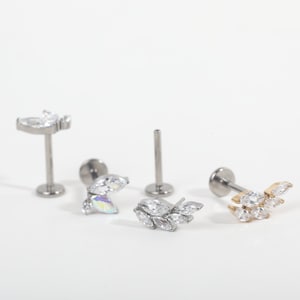 Titanium Dainty Laurel leaf Marquise Cz, Three Marquise Cz Push in Labret 16g, 18g, 20g Conch, Cartilage, Helix Piercings