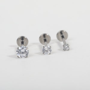 Titanium 2mm, 3mm, 4mm Prong Set Clear Cz Silver Push in Labret 16g, 18g, 20g Tragus Cartilage Helix Piercings