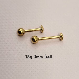 18g Push In 2mm/3mm Gold Ball Labret, Surgical steel ball piercing Tragus Cartilage Helix Lip Nose Piercings