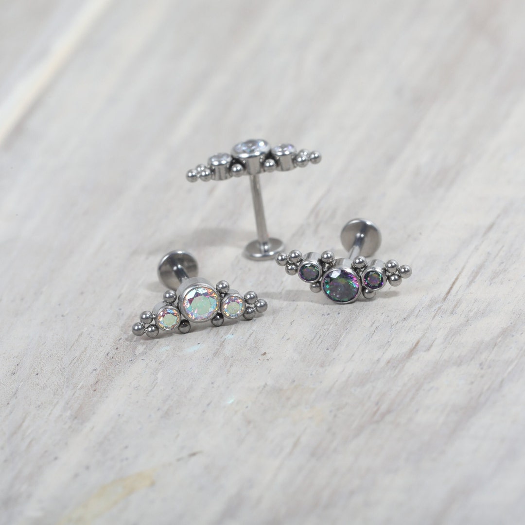 Titanium Boho Cz Curve Push in Labret 16g, 18g, 20g Tragus Cartilage ...