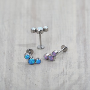 Titanium Three Curve Opal Push in Labret 16g, 18g, 20g Tragus Cartilage Helix Piercings