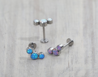 Titanium Three Curve Opal Push in Labret 16g, 18g, 20g Tragus Cartilage Helix Piercings