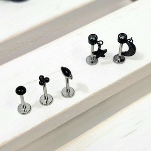 Titanium Vm crystal Cz Black Star, Crescent Dangle Push in Labret 16g, 18g, 20g Conch, Cartilage, Helix Piercings