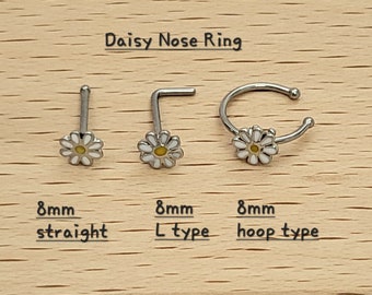 20g 8mm Daisy Flower Top Nasenring aus chirurgischem Stahl 316L, gerade Typ, L-Typ, Hoop-Typ.