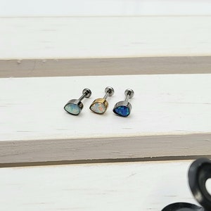Titanium Color Opal Teardrop Cz Push in Labret 16g, 18g, 20g Tragus Cartilage Helix Lip Nose Piercings