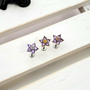 16g Lavender Flower Cz  piercing (Single), 316L Surgical Steel Bar cartilage helix tragus conch piercing