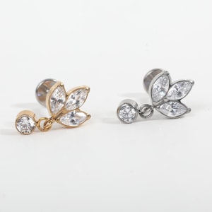 Titanium Three Marquise Dangle Cz Push inLabret 16g, 18g, 20g Tragus Cartilage Helix Piercings