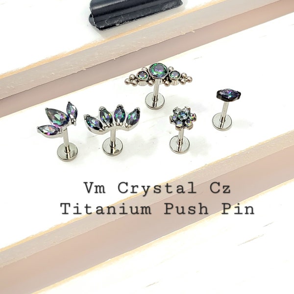 Titanium Vm Crystal Boho Curve, Four Marquise, Crown Oval Cz Push in Labret 16g, 18g, 20g Tragus Cartilage Helix Piercings