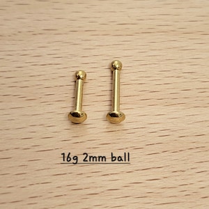 16g Push In 2mm/3mm Gold Ball Labret, Surgical steel ball piercing Tragus Cartilage Helix Lip Nose Piercings