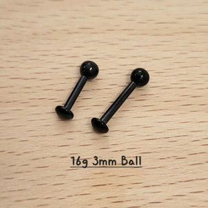 16g Push In 2mm/3mm Black Ball Labret, Surgical steel ball piercing Tragus Cartilage Helix Lip Nose Piercings