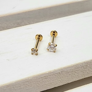 16g Push In 2mm/3mm Gold CZ Prong Type Labret, Surgical steel ball piercing Tragus Cartilage Helix Lip Nose Piercings