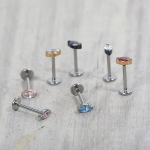 Titanium Tiny Oval Marquise Cz Push in Labret 16g, 18g, 20g Tragus Cartilage Helix Lip Nose Piercings