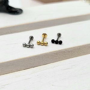 316L Surgical Steel Three Ball Bar Push in Labret 16g, 18g, 20g Tragus Cartilage Helix Lip Nose Piercings image 5