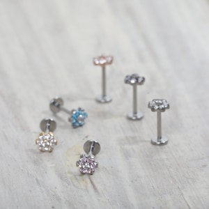 Titanium Tiny Six Cz Flower Push inLabret 16g, 18g, 20g Conch, Cartilage, Helix Piercings