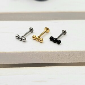 316L Surgical Steel Three Ball Bar Push in Labret 16g, 18g, 20g Tragus Cartilage Helix Lip Nose Piercings image 4