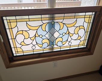 Original Catholic convent 1900s stained glass panel 46 in by 25 in by 1.5 in gold and blue window