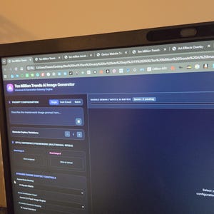 May include: A computer monitor displaying the Ten Million Trends AI Image Generator web interface. The screen shows a dark-themed dashboard with a prompt configuration box, style reference framework, and dynamic engine context controls.