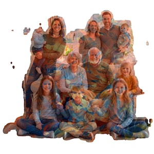 May include: A family portrait featuring a group of people of various ages, posing together. The group includes adults, children, and a baby. They are dressed in casual attire, with a mix of smiles and expressions. The background is blurred, focusing on the family.
