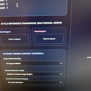 Könnte beinhalten: Eine digitale Software-Benutzeroberfläche mit Prompt-Konfiguration, die Textfelder für Prompt 1, Prompt 2 und Prompt 3 enthält. Darunter befinden sich der Style Reference Framework mit Seed Image A und B sowie Steuerelemente für die Dynamic Engine.