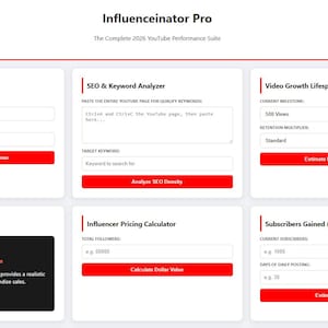 Può includere: Interfaccia digitale "Influenceinator Pro" per l'analisi delle prestazioni di YouTube. Include strumenti per la previsione delle vendite di prodotti, l'analisi SEO e delle parole chiave e la crescita dei video. Pulsanti rossi per le azioni.