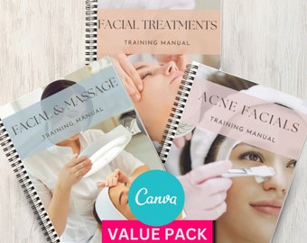 May include: Three spiral bound training manuals for facial treatments, facial and massage, and acne facials. The covers feature images of people receiving facial treatments. The text on the covers is in white and pink on a light blue, light pink, and pink background. The text on the covers reads "Facial Treatments Training Manual", "Facial & Massage Training Manual", and "Acne Facials Training Manual". The manuals are arranged in a triangle shape with the text "Canva Value Pack" in a pink box in the center.
