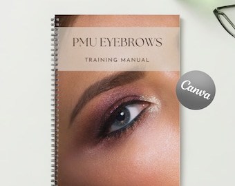 May include: A training manual for permanent makeup eyebrows, with a close-up image of a woman's eye with dramatic makeup. The cover features the text "PMU Eyebrows Training Manual" and a Canva logo.