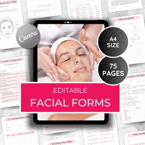 May include: A pink and white digital tablet displaying a mockup of a set of 75 printable facial treatment forms. The forms are labeled "Editable Facial Forms" and include a face map, consultation form, treatment record, cleaning checklist, and skin analysis. The tablet is on a white surface with a photo of a woman receiving a facial treatment.
