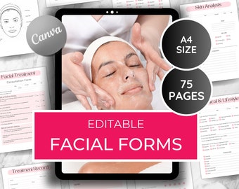 May include: A pink and white digital tablet displaying a mockup of a set of 75 printable facial treatment forms. The forms are labeled "Editable Facial Forms" and include a face map, consultation form, treatment record, cleaning checklist, and skin analysis. The tablet is on a white surface with a photo of a woman receiving a facial treatment.
