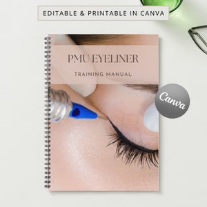 Puede incluir: Un manual de formación para el delineador PMU, con una imagen de primer plano de un ojo con una aguja aplicando delineador. La portada del manual es rosa con el texto "PMU EYELINER TRAINING MANUAL" y un logotipo de Canva.