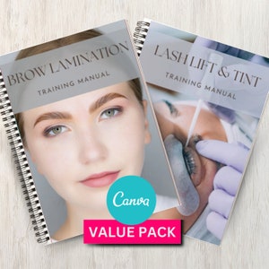 Puede incluir: Dos manuales de formación encuadernados en espiral. Uno titulado "BROW LAMINATION TRAINING MANUAL" presenta el rostro de una mujer. El otro, "LASH LIFT & TINT TRAINING MANUAL", muestra un ojo durante un procedimiento. Un logotipo "Canva" turquesa y una pancarta rosa "VALUE PACK".