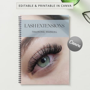 Può includere: Un manuale di formazione per le extension ciglia con un'immagine ravvicinata di un occhio con ciglia lunghe e scure. La copertina è blu chiaro con il testo "Lash Extensions Training Manual" e un logo Canva.
