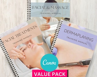 May include: Three spiral bound training manuals for facial treatments, facial and massage, and dermaplaning. The manuals have colorful covers with images of people receiving treatments. The text on the covers reads "Facial Treatments Training Manual", "Facial & Massage Training Manual", and "Dermaplaning Training Manual". The manuals are arranged in a triangle shape with a pink and teal Canva logo and the text "VALUE PACK" in the center.