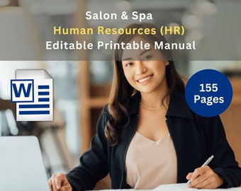 Może przedstawiać: Kobieta siedzi przy biurku z laptopem, kalkulatorem i notesem. Pisze w notesie długopisem. Tekst na ekranie brzmi "Salon & Spa Human Resources (HR) Editable Printable Manual 155 Pages".