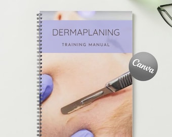 Puede incluir: Un manual de formación sobre Dermaplaning con una imagen de primer plano de una persona que recibe tratamiento en la cara con un bisturí. La portada del manual es morada con el texto "Dermaplaning Training Manual" en blanco. Un logotipo de Canva está en la esquina.