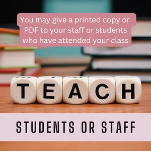 Może przedstawiać: Zbliżenie na pięć drewnianych kostek z literami, kt&oacute;re układają się w słowo &bdquo;TEACH&rdquo; na drewnianej powierzchni. W tle widoczny jest tekst &bdquo;You may give a printed copy or PDF to your staff or students who have attended your class&rdquo;. Pod kostkami widoczny jest tekst &bdquo;STUDENTS OR STAFF&rdquo;.