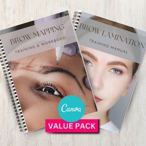 May include: A value pack of two training manuals for brow mapping and brow lamination. The brow mapping manual features a close-up of a woman's eye with a brow being mapped. The brow lamination manual features a woman with laminated brows. Both manuals have a white background with black text. The text on the brow mapping manual reads "BROW MAPPING TRAINING & WORKBOOK". The text on the brow lamination manual reads "BROW LAMINATION TRAINING MANUAL".