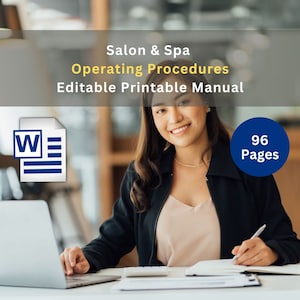 Könnte beinhalten: Eine Frau lächelt, während sie an einem Laptop und einem Notizbuch arbeitet. Das Bild enthält den Text "Salon & Spa Operating Procedures Editable Printable Manual" und "96 Pages".