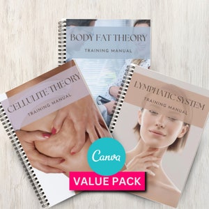Puede incluir: Tres manuales de entrenamiento en espiral con cubiertas de color rosa, beige y marrón claro. Las cubiertas presentan los títulos "Body Fat Theory", "Cellulite Theory" y "Lymphatic System" con las palabras "Training Manual" debajo de cada título. Los manuales están dispuestos en forma triangular con la palabra "Canva" y "VALUE PACK" en un cuadro rosa en el centro.