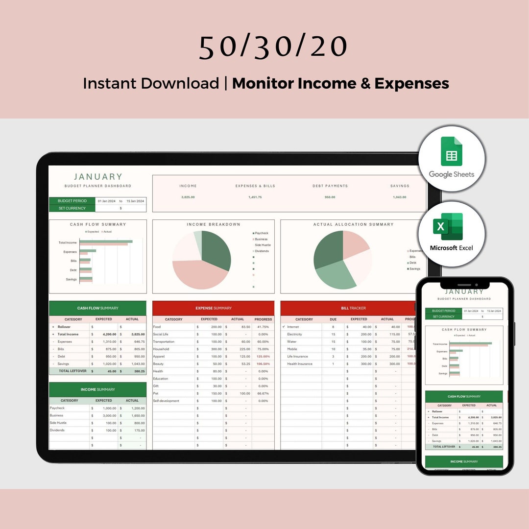 50/30/20 Budget Planner Google Sheets Monthly Budget Spreadsheet Excel ...