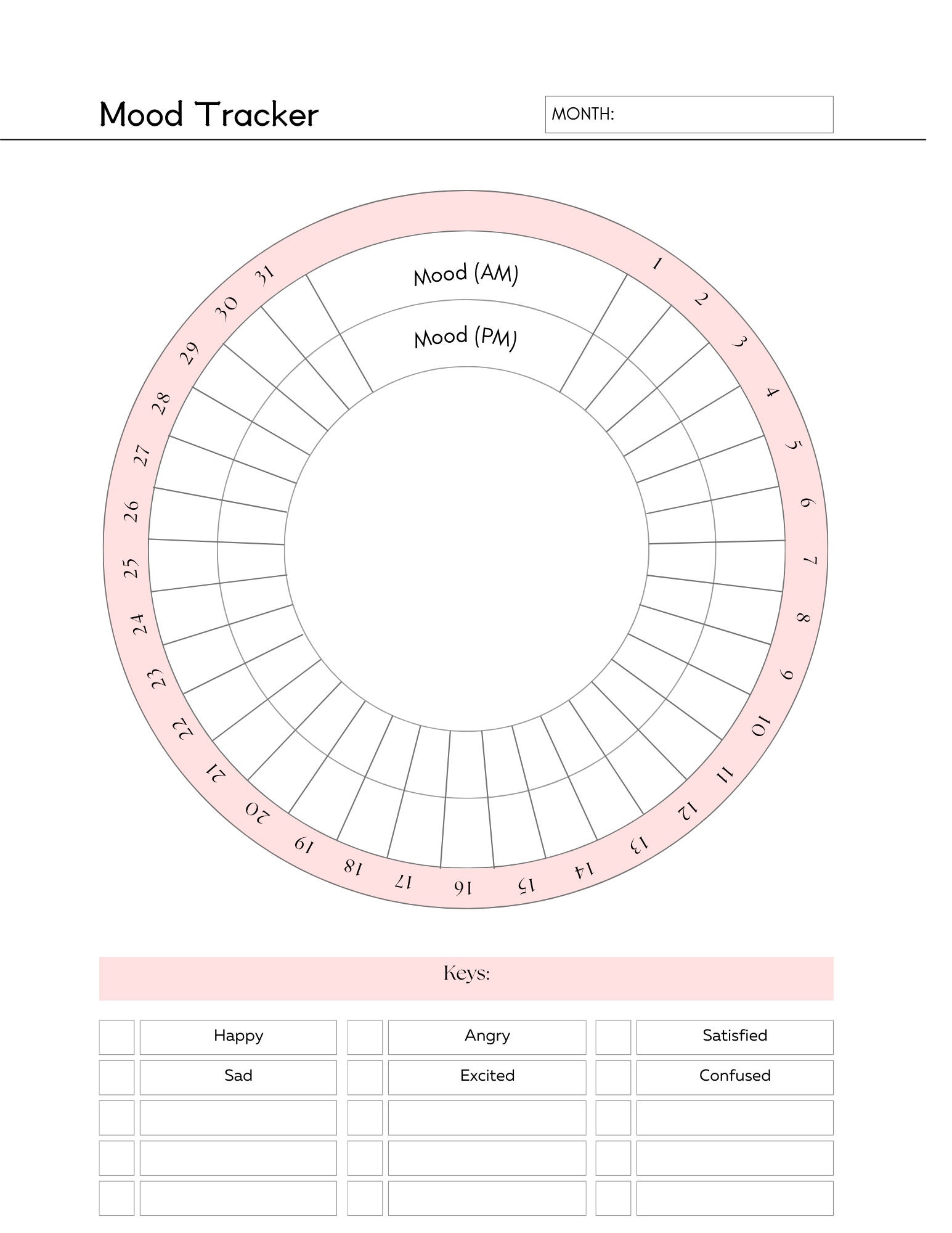 Mood Tracker Printable Kit, Monthly Mood Log, Circular Mood Chart, Mood ...