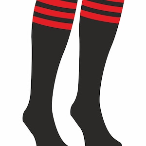 May include: A pair of knee-high socks in solid black featuring three horizontal red stripes at the top cuff. The socks have a standard heel and toe construction, extending from the foot up to the calf area with a consistent black colour.