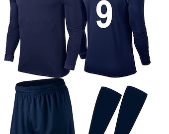 Personalised Football Kit Soccer kit Full Sleeve Football Soccer Jersey, Shorts and Socks Set NAVY COLOUR Adult