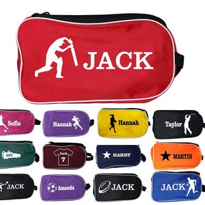 May include: Red pencil case with white trim, featuring a white cricket player graphic and the name "JACK". Below are smaller cases in various colours, each with a sport silhouette and a name.