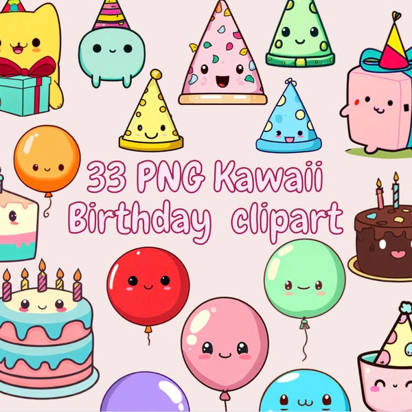 Kawaii Birthday theme Clipart- birthday clipart - Instant Download- 33 Images - PNG - birthday cake - balloons - presents