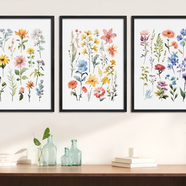 Colorful Wildflower Art Set Of 3 Tryptic Wall Art Watercolor Bright Floral Prints Colorful Large Wall Print Set Triptych Digital Download