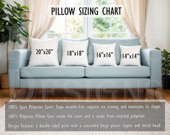 Square Pillow Sizing Chart & Mock Up, All Over Print Spun Polyester Pillow Mock, Printify Template Mock-up, Digital Downloads