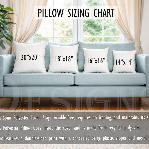 Square Pillow Sizing Chart & Mock Up, All Over Print Spun Polyester Pillow Mock, Printify Template Mock-up, Digital Downloads