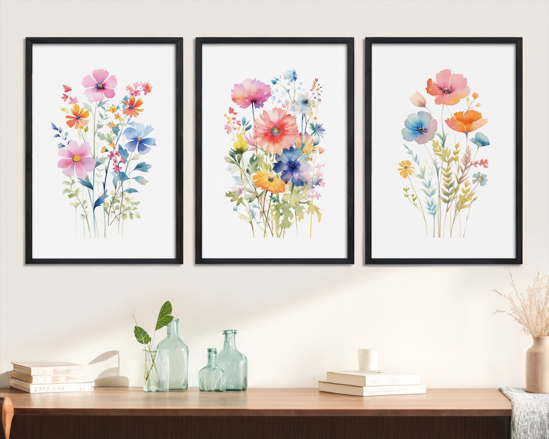 Colorful Wildflower Art Set of 3, Tryptic Wall Art, Watercolor Bright ...