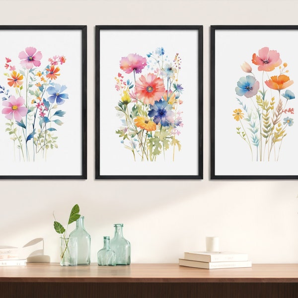 Colorful Wildflower Art Set Of 3, Tryptic Wall Art, Watercolor Bright Floral Prints, Colorful Large Wall Print Set Triptych Digital Download